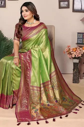 green woven design zari silk blend designer banarasi saree