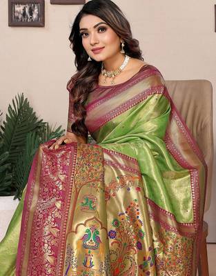 green woven design zari silk blend designer banarasi saree 4