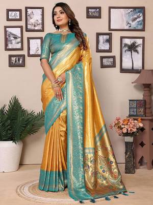 yellow woven design zari silk blend designer banarasi saree 1