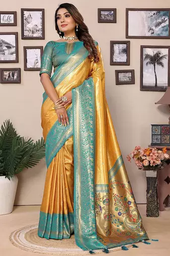 yellow woven design zari silk blend designer banarasi saree