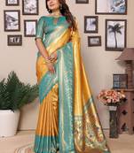 yellow woven design zari silk blend designer banarasi saree