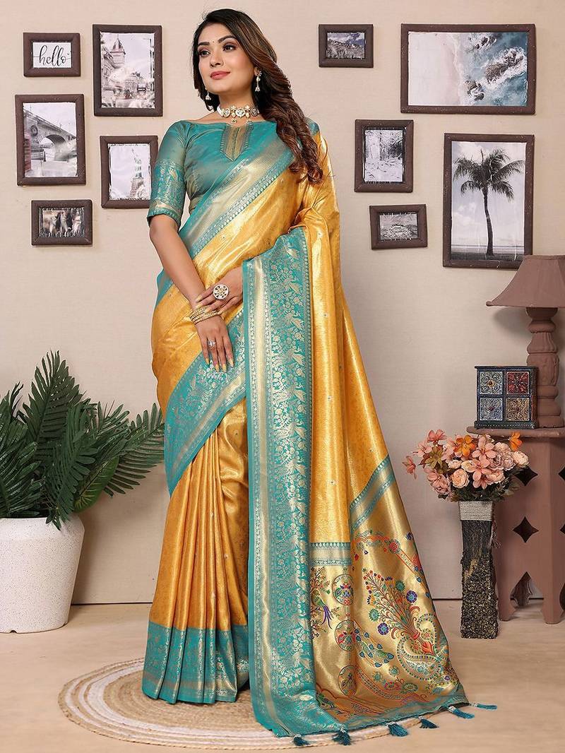 yellow woven design zari silk blend designer banarasi saree