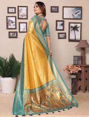 yellow woven design zari silk blend designer banarasi saree 2