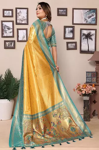 yellow woven design zari silk blend designer banarasi saree