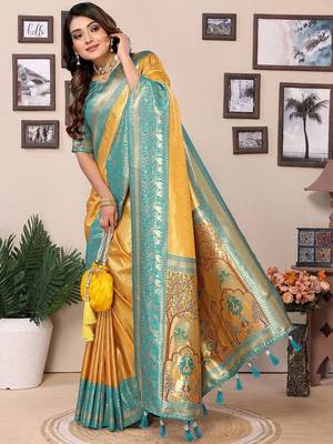 yellow woven design zari silk blend designer banarasi saree 3