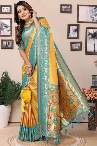 yellow woven design zari silk blend designer banarasi saree