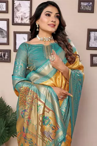 yellow woven design zari silk blend designer banarasi saree