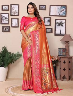 orange woven design zari silk blend designer banarasi saree 1