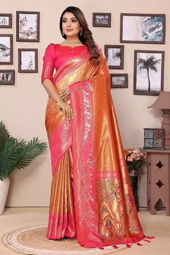 orange woven design zari silk blend designer banarasi saree