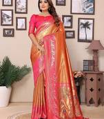 orange woven design zari silk blend designer banarasi saree