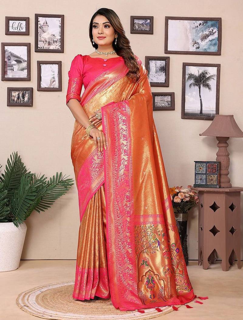 orange woven design zari silk blend designer banarasi saree