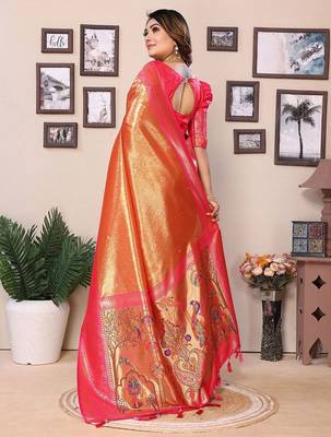 orange woven design zari silk blend designer banarasi saree 2