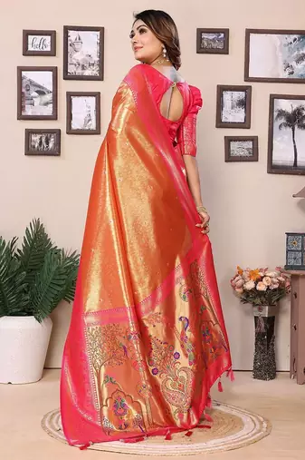 orange woven design zari silk blend designer banarasi saree