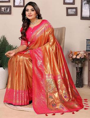 orange woven design zari silk blend designer banarasi saree 3