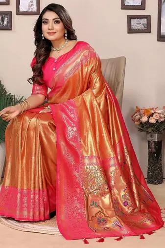 orange woven design zari silk blend designer banarasi saree
