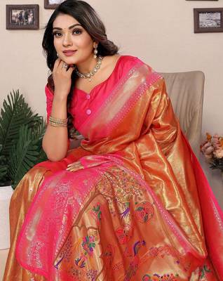 orange woven design zari silk blend designer banarasi saree 4