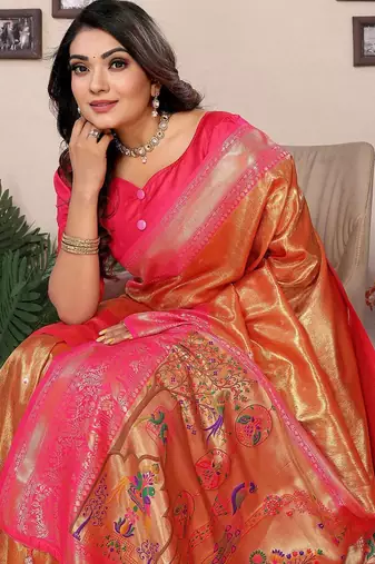 orange woven design zari silk blend designer banarasi saree