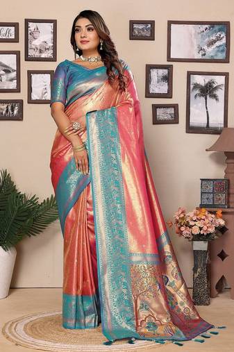 pink woven design zari silk blend designer banarasi saree