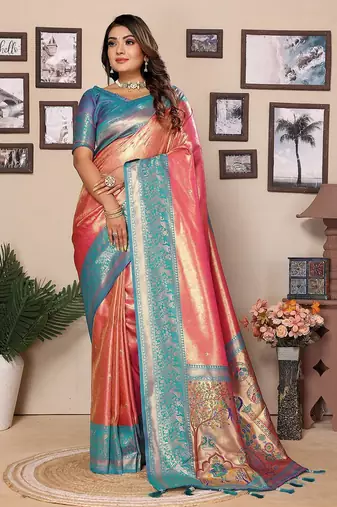 pink woven design zari silk blend designer banarasi saree
