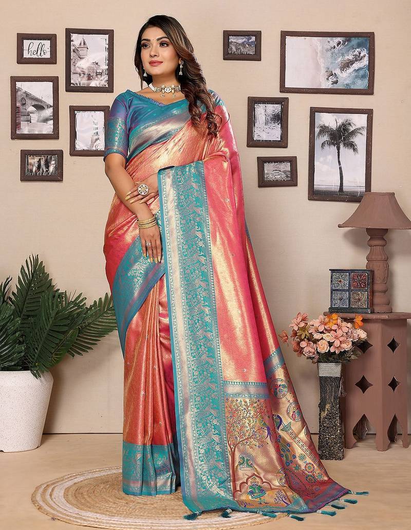 pink woven design zari silk blend designer banarasi saree