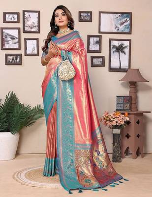 pink woven design zari silk blend designer banarasi saree 3