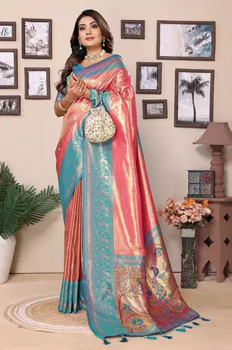 pink woven design zari silk blend designer banarasi saree