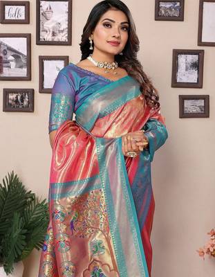 pink woven design zari silk blend designer banarasi saree 4