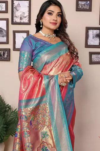 pink woven design zari silk blend designer banarasi saree