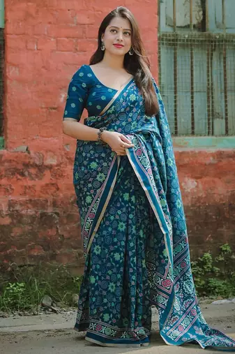 teal floral saree
