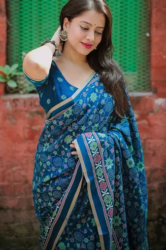 teal floral saree