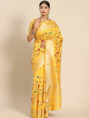 yellow yellow & red floral embroidered silk cotton saree 1