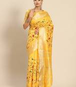 yellow yellow & red floral embroidered silk cotton saree
