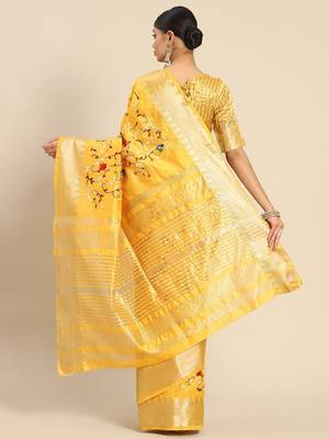 yellow yellow & red floral embroidered silk cotton saree 2