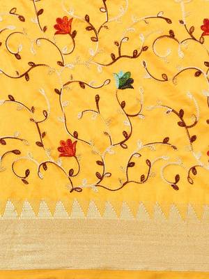 yellow yellow & red floral embroidered silk cotton saree 3