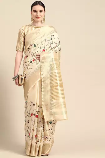 off_white off white & red floral embroidered silk cotton saree