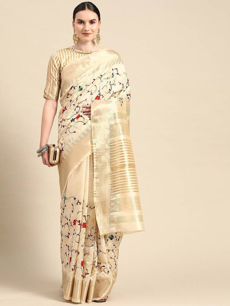off_white off white & red floral embroidered silk cotton saree