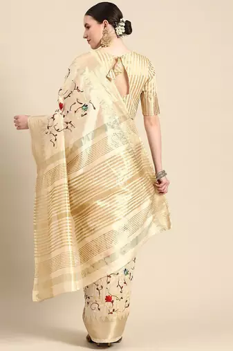 off_white off white & red floral embroidered silk cotton saree
