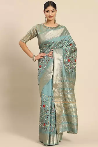 turquoise turquoise floral embroidered silk cotton saree