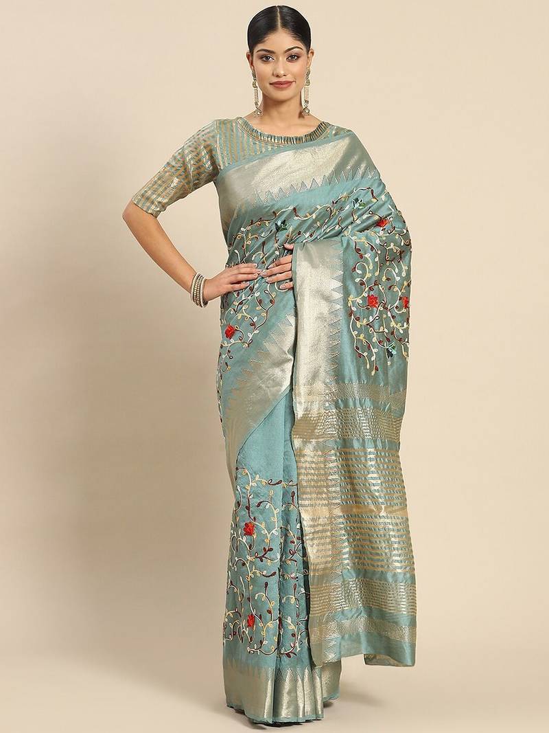 turquoise turquoise floral embroidered silk cotton saree