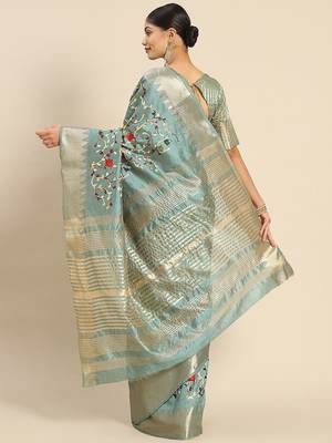 turquoise turquoise floral embroidered silk cotton saree 2