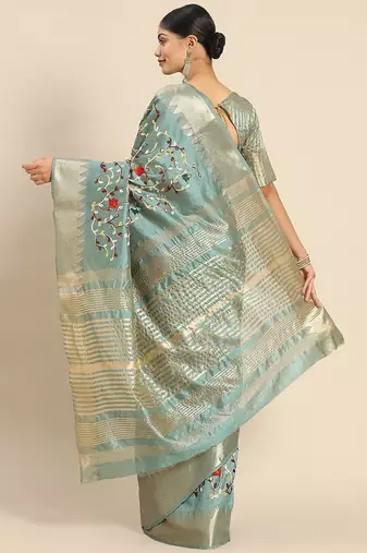 turquoise turquoise floral embroidered silk cotton saree