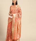 pink pink & green floral embroidered silk cotton saree