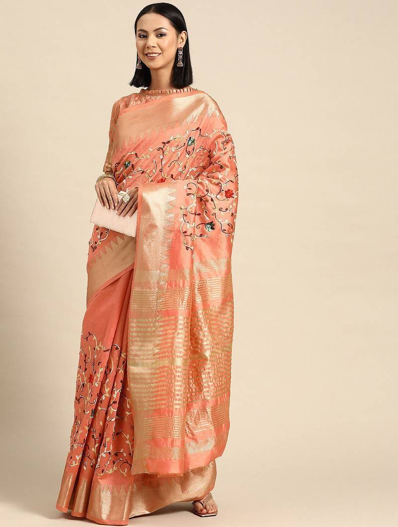pink pink & green floral embroidered silk cotton saree