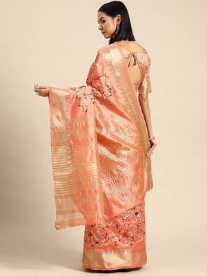 pink pink & green floral embroidered silk cotton saree 2