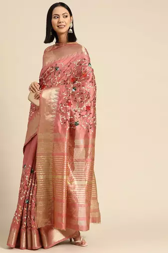 purple purple & peach-coloured floral embroidered silk cotton saree