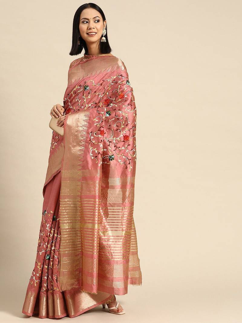 purple purple & peach-coloured floral embroidered silk cotton saree