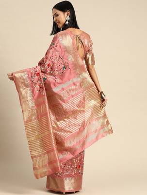 purple purple & peach-coloured floral embroidered silk cotton saree 2