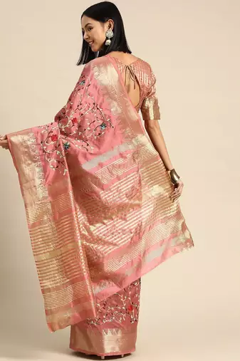 purple purple & peach-coloured floral embroidered silk cotton saree