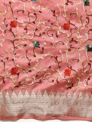 purple purple & peach-coloured floral embroidered silk cotton saree 3