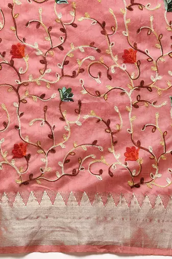 purple purple & peach-coloured floral embroidered silk cotton saree